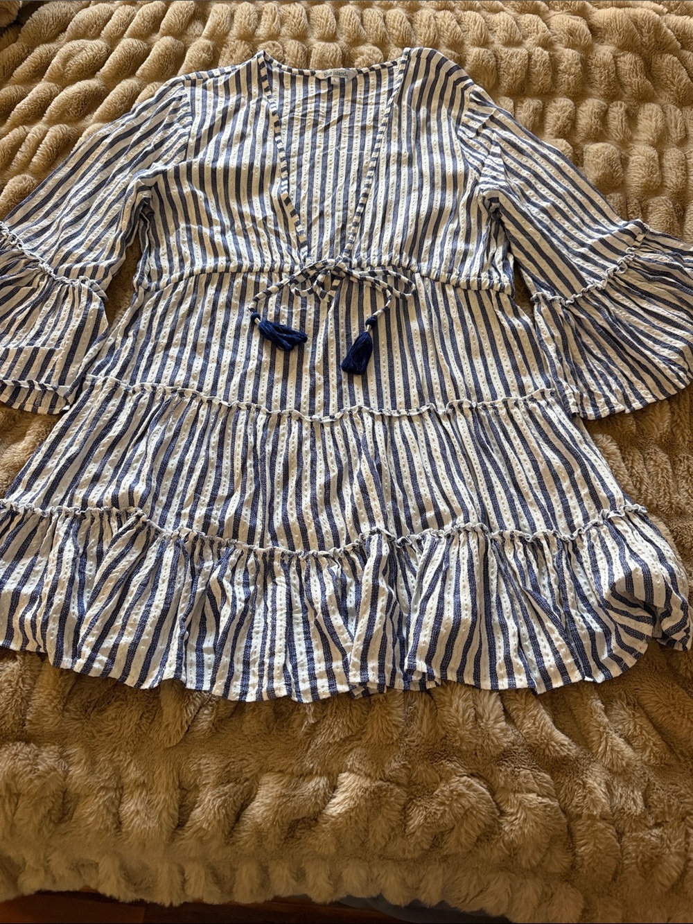 blue island Blue and White Striped Tiered Swim Coverup with Tassel Tie